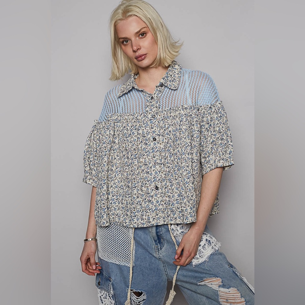 POL Blue Boxy Oversized Blouse with Peter Pan Collar - Picture 2 of 4